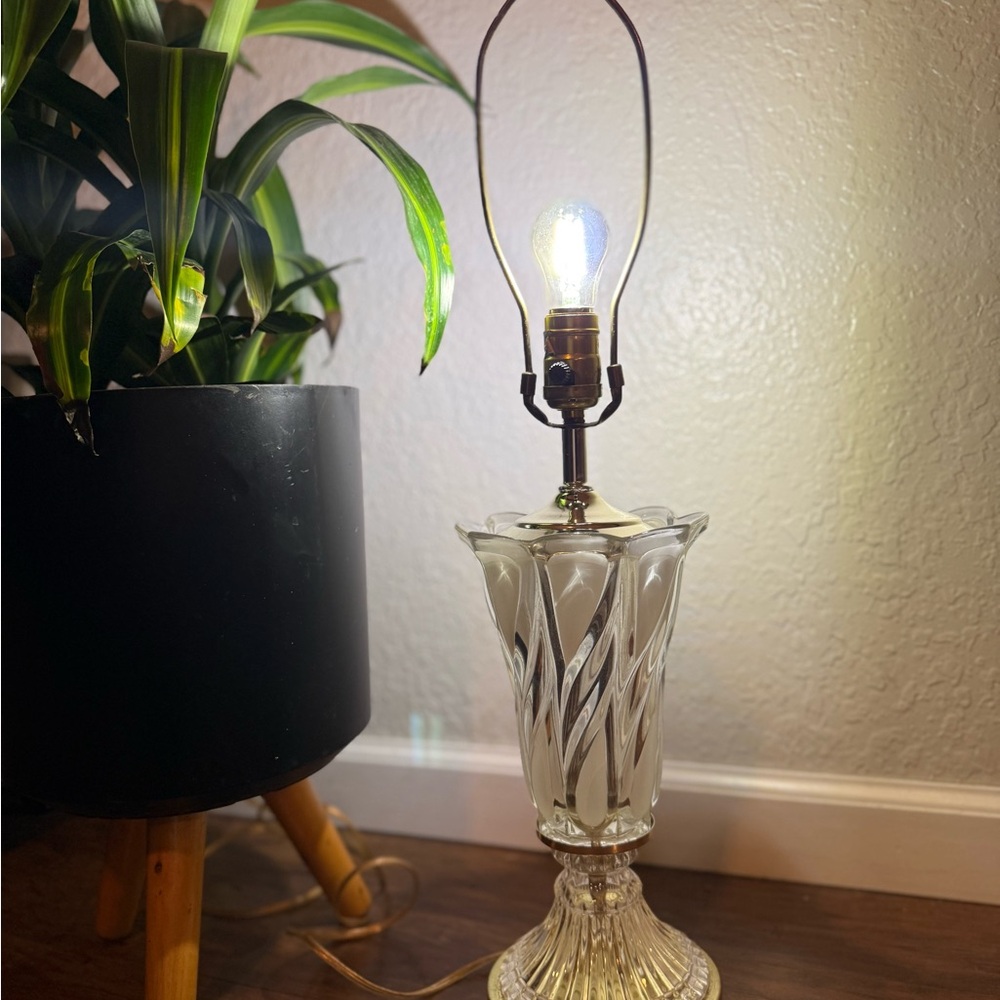 Vintage Crystal Cut Glass & Gold Swirl Table Lamp, 26”, Brass Base, Rotary Knob